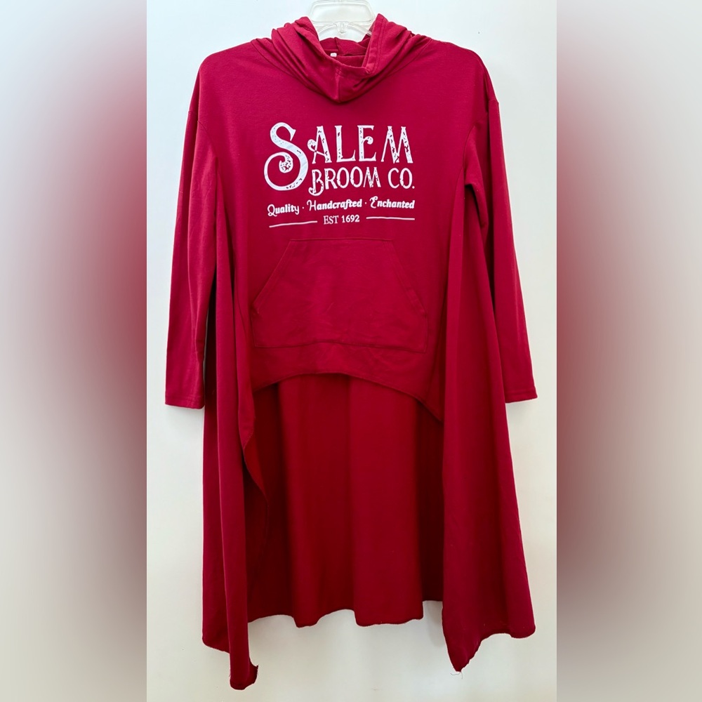 Ladies Deep Red Salem Broom Co. Print Hooded High Low Sweatshirt Size Small